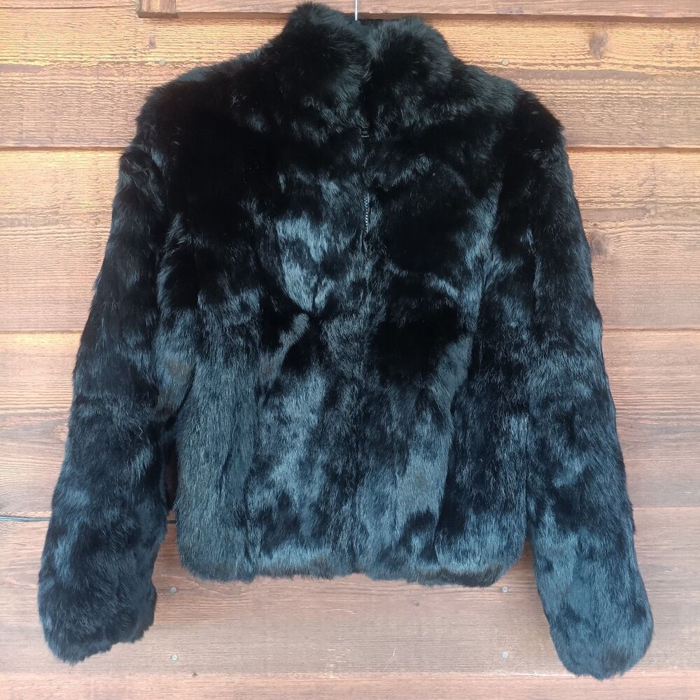 Vtg 80s Niki Lavis Black Rabbit Fur Cropped Bomber Jacket S14 Retro Glam Luxury